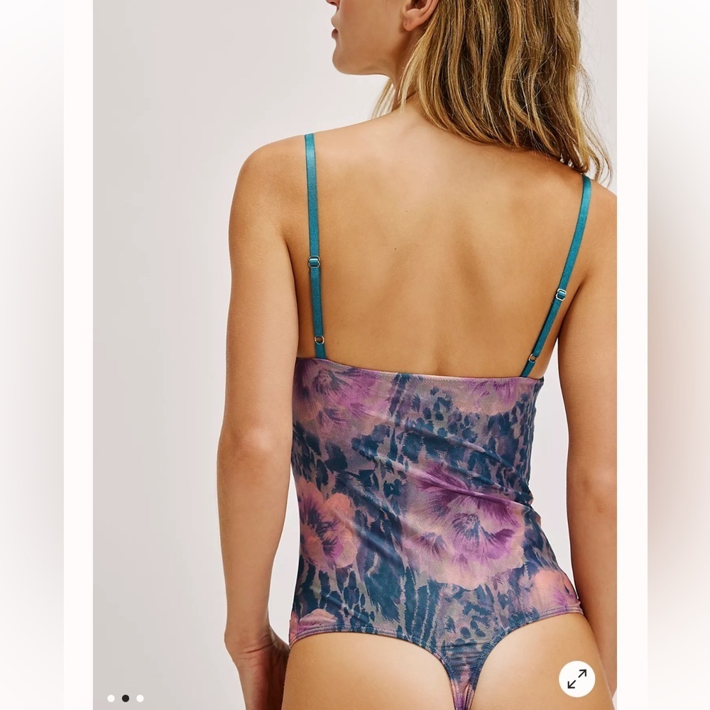 Free People Floral Bodysuit in Blue and Purple Deep Lagoon Combo | L - Picture 3 of 7